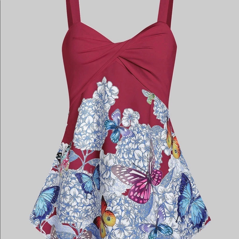 Floral Butterfly Print Twisted Trapeze Tank Top